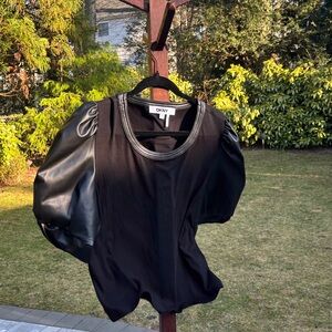 DKNY Black Puff-Sleeve Top with Faux-Leather Accents